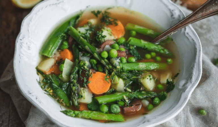 Spring Vegetable Soup with asparagus, peas, herbs, and lemon in a bright brothy bowl