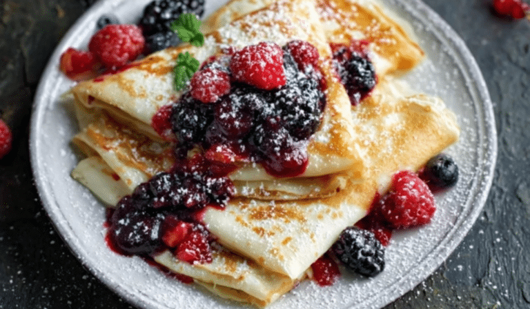 homemade crepes with berries recipe served with fresh mixed berries and powdered sugar