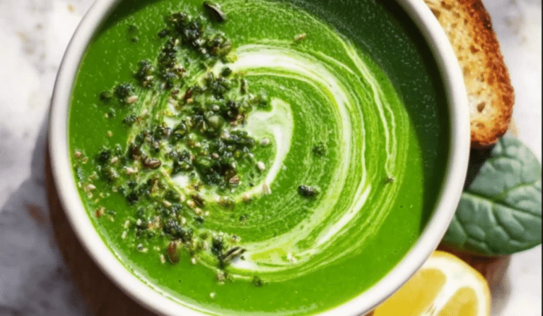 Green Detox Spring Soup topped with herbs and lemon
