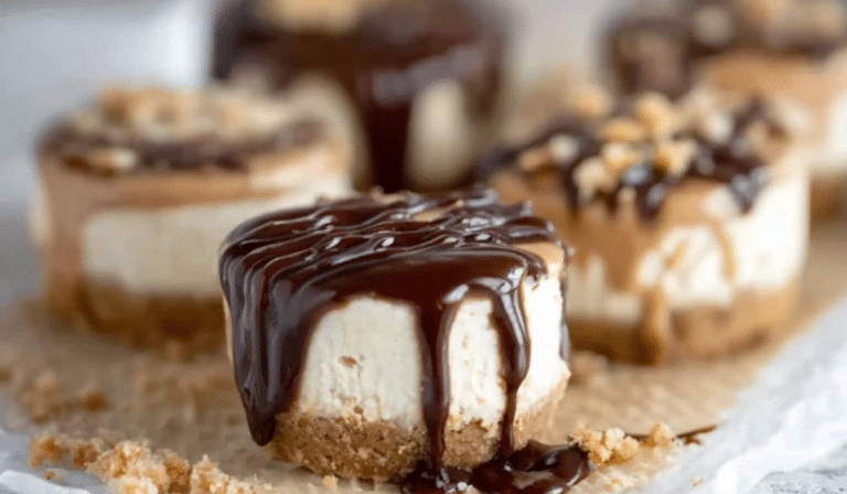 No Bake Cheesecake Bites on a tray with chocolate drizzle