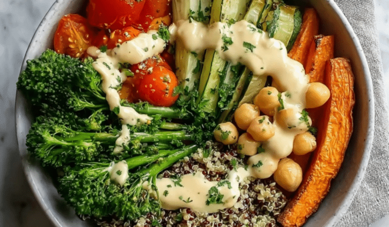 Vegetable Buddha Bowl with Tahini topped with roasted veggies and creamy tahini drizzle