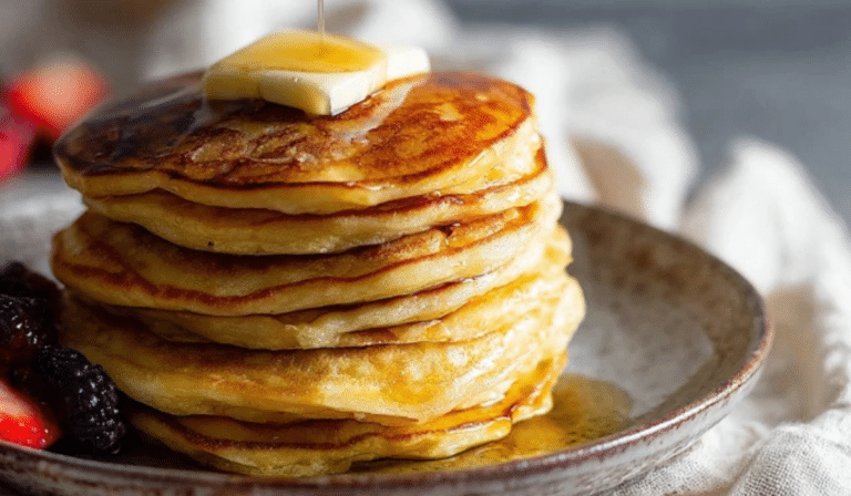 Classic sourdough pancakes stacked with butter and maple syrup