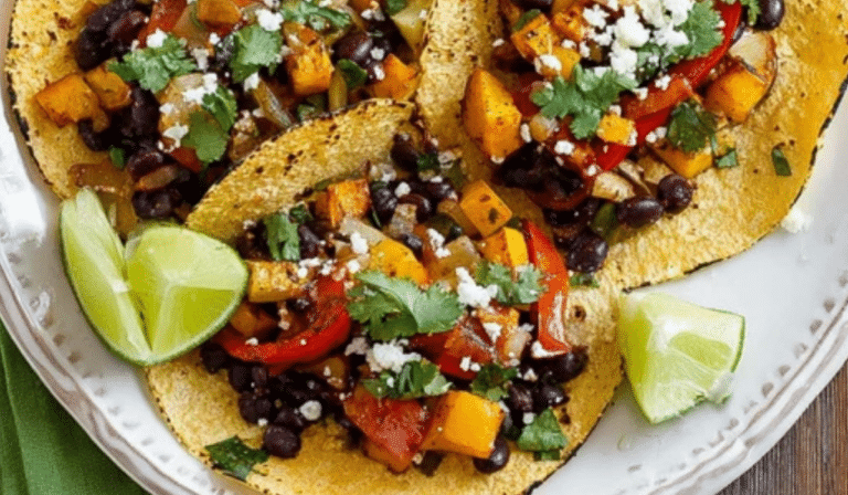 Roasted Veggie and Black Bean Tacos with lime and cilantro