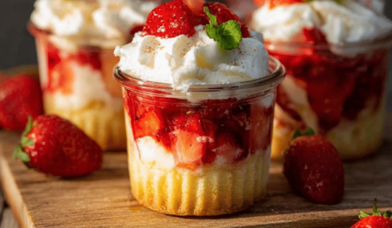 Strawberry Shortcake Cups layered with strawberries, cake, and whipped cream