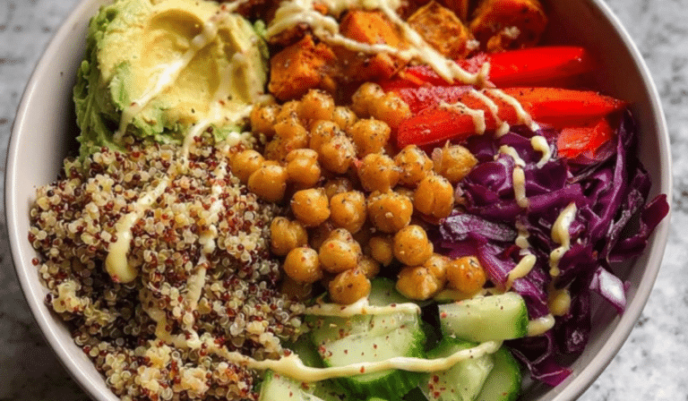 Rainbow Grain Bowls Recipe with quinoa, veggies, and tahini drizzle