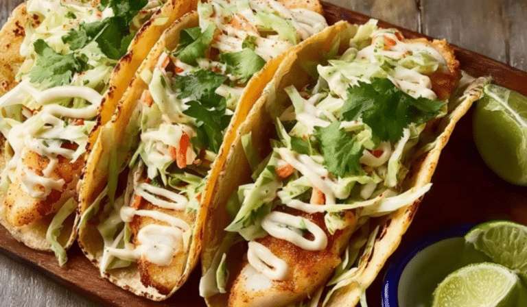 Fish Tacos with Cabbage Slaw piled high with lime and cilantro