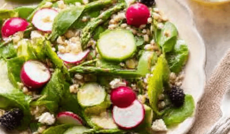 Spring Grains and Greens Salad with Honey on a platter