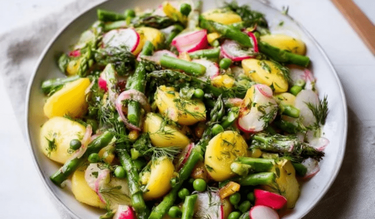Spring Potato Salad with asparagus, peas, radishes, and creamy herb dressing