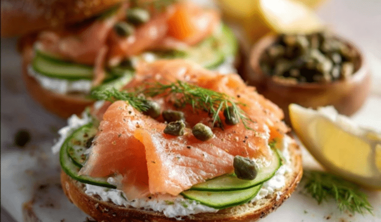 Salmon Cream Cheese Bagels topped with smoked salmon, capers, and dill